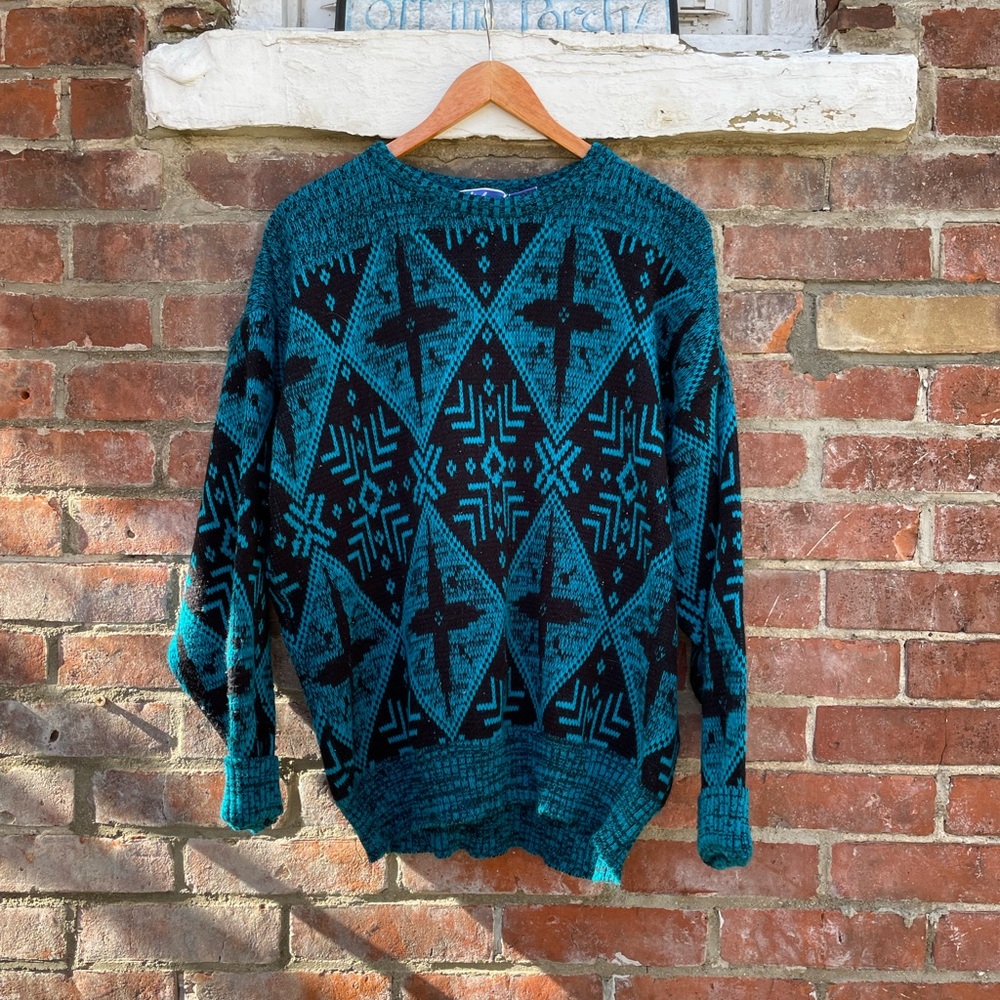 Vintage 90 Colorful Aztec Pattern Blue Black Sweater Large